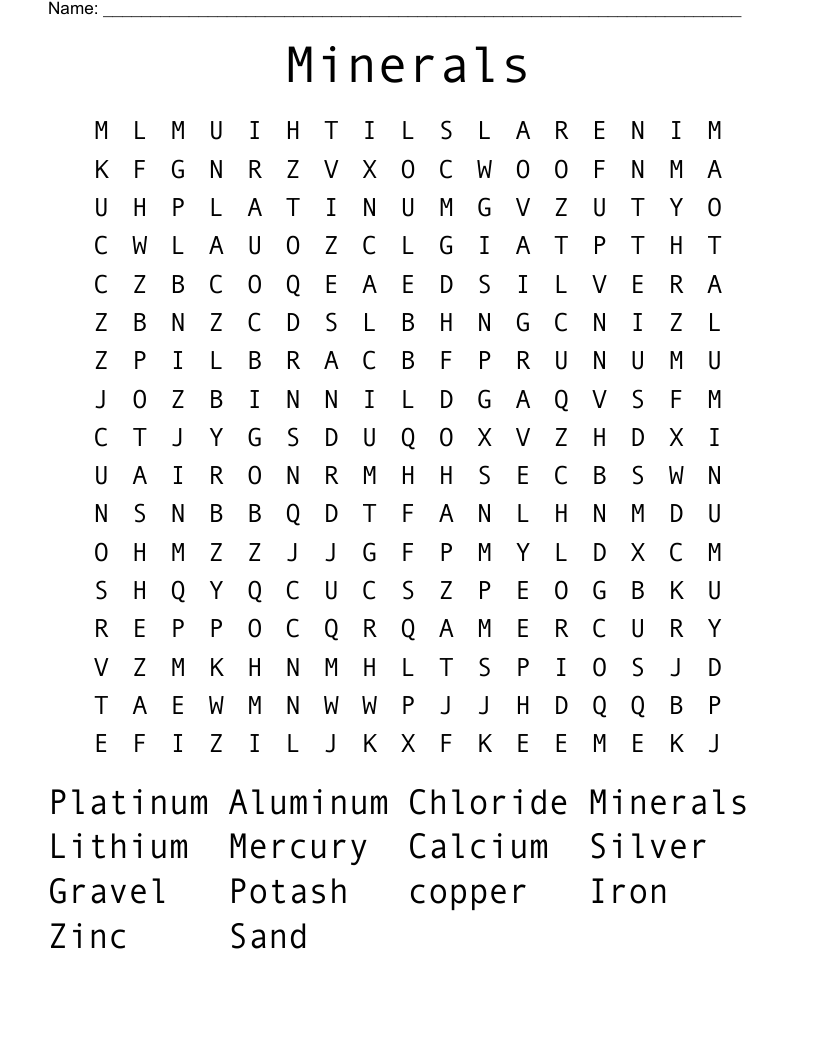 Minerals Word Search