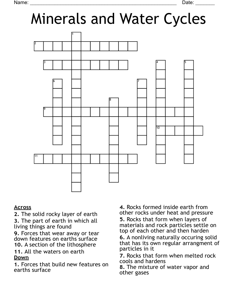 Minerals and Water Cycles Crossword