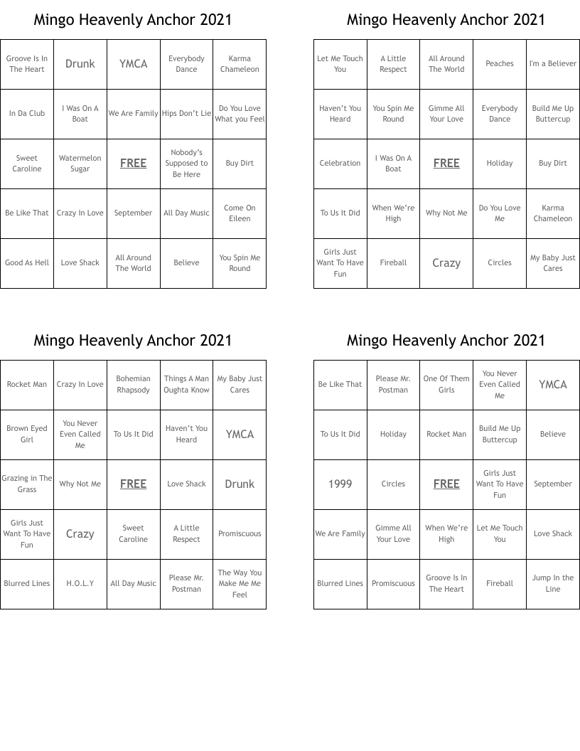 Mingo Heavenly Anchor 2021 Bingo Cards