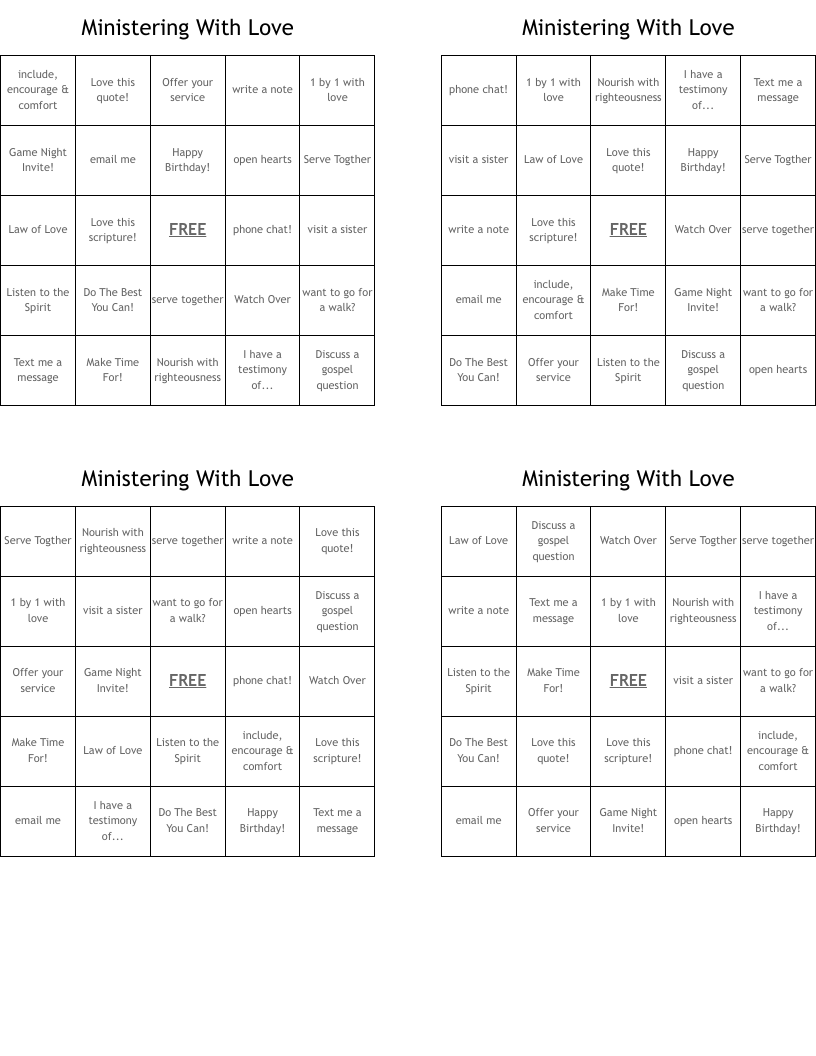 Ministering With Love Bingo Cards