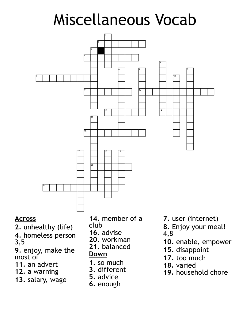 Miscellaneous Vocab Crossword