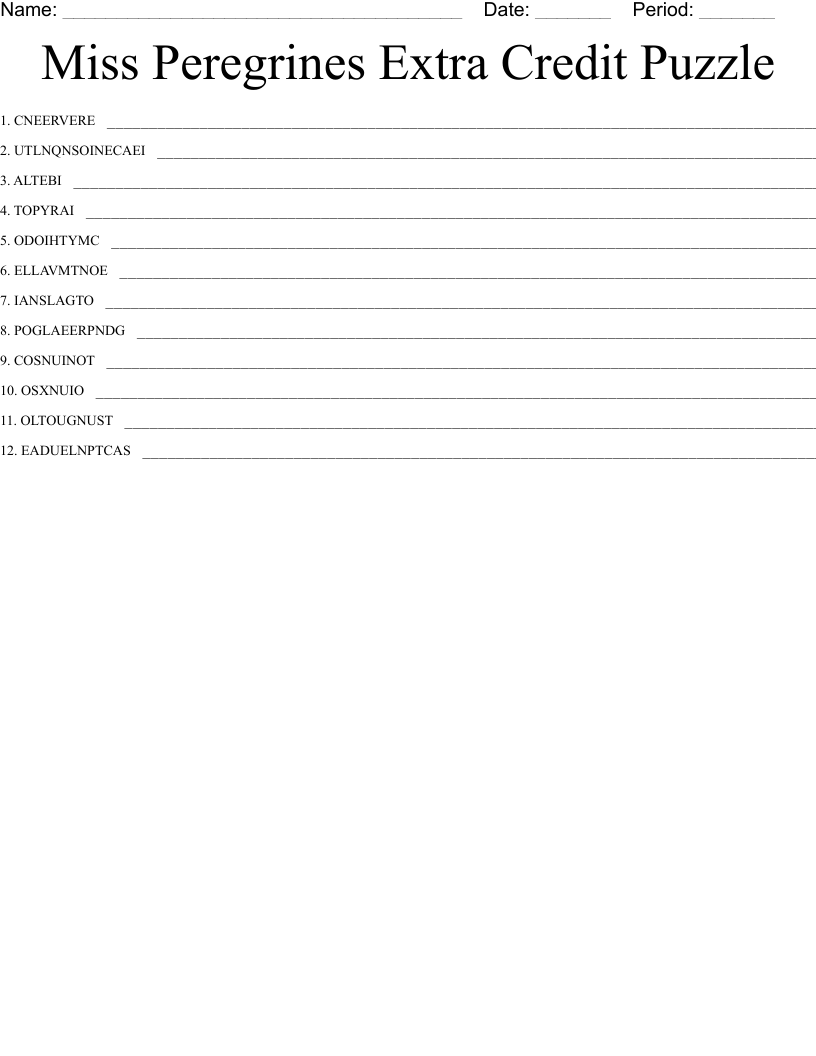 Miss Peregrines Extra Credit Puzzle Word Scramble