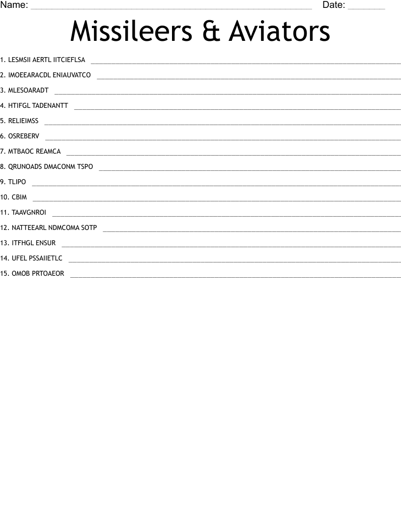 Missileers & Aviators  Word Scramble