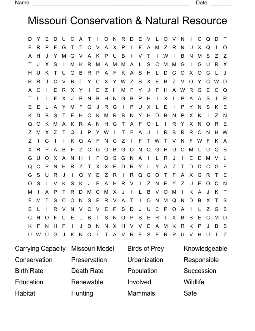 Missouri Conservation & Natural Resource  Word Search