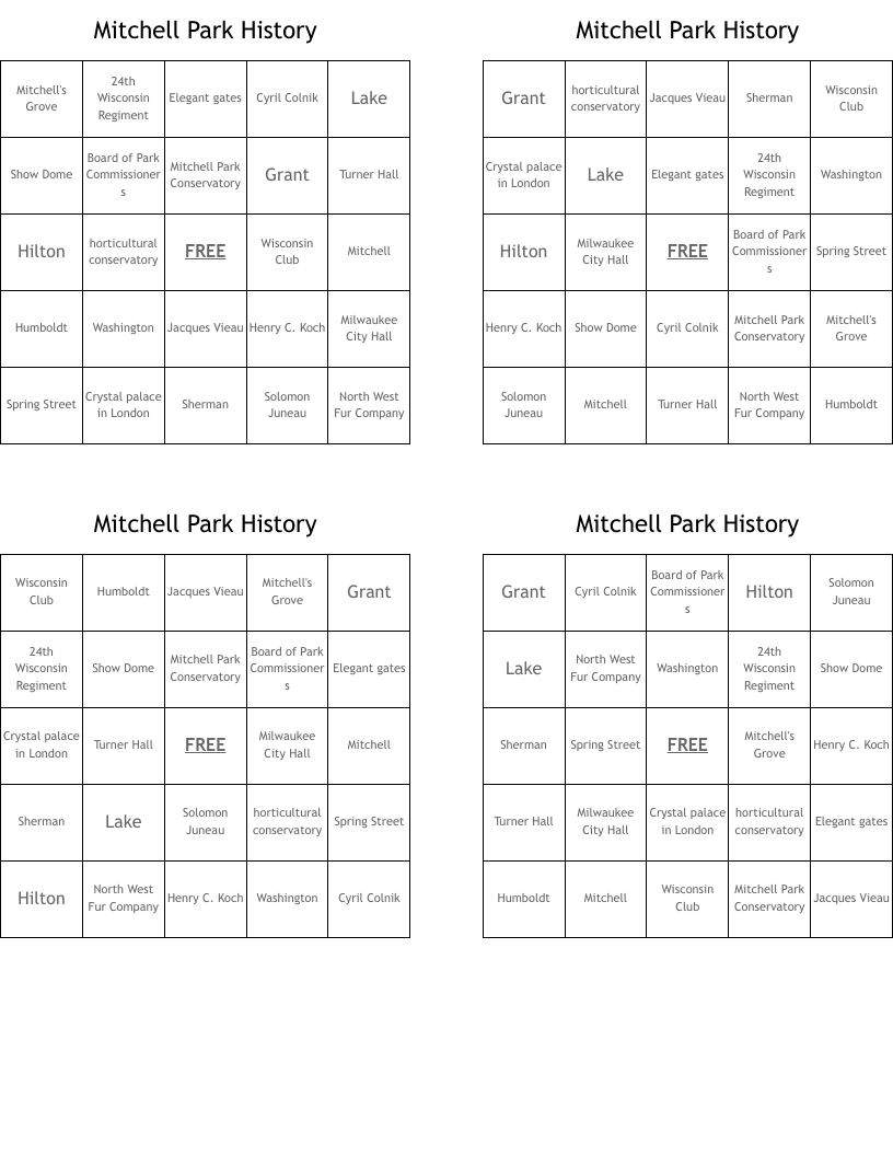 Mitchell Park History Bingo Cards