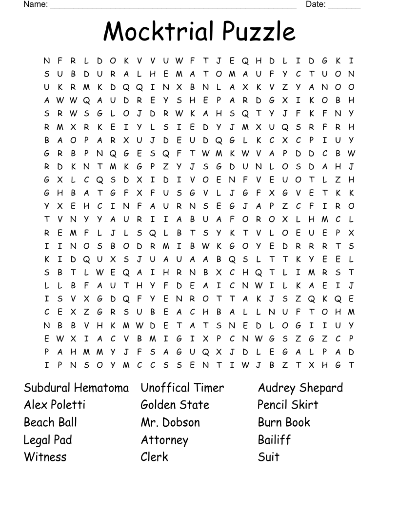 Mocktrial Puzzle Word Search