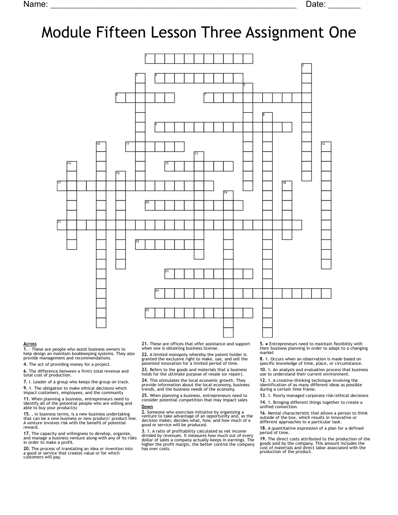 Module Fifteen Lesson Three Assignment One Crossword