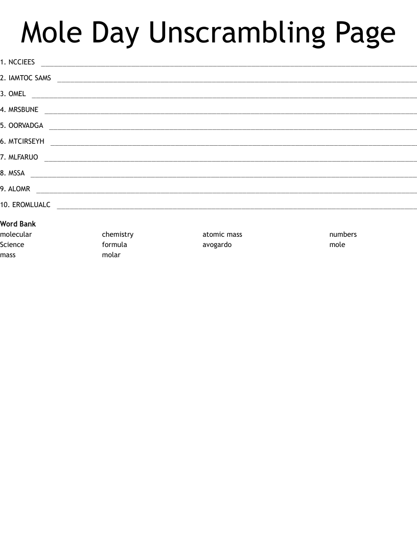 Mole Day Unscrambling Page Word Scramble