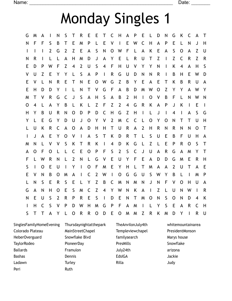 Monday Singles 1 Word Search