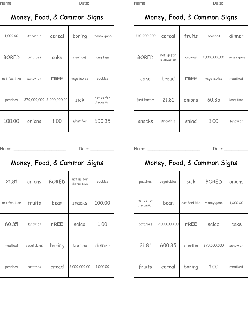 Money, Food, & Common Signs Bingo Cards