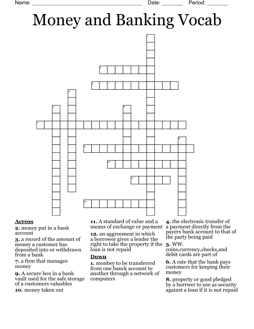 Money And Banking Vocab Crossword WordMint