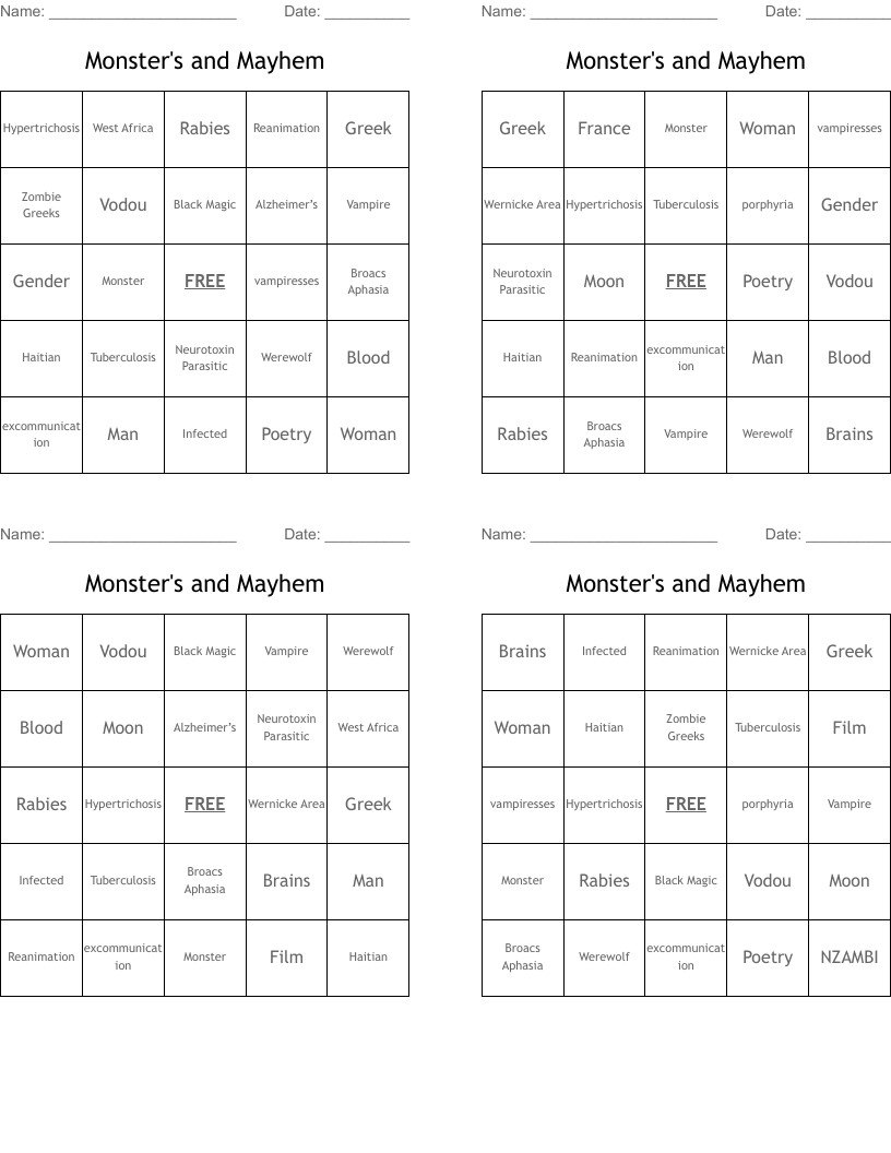 Monster's and Mayhem Bingo Cards