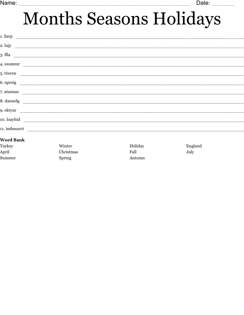 Months Seasons Holidays Word Scramble