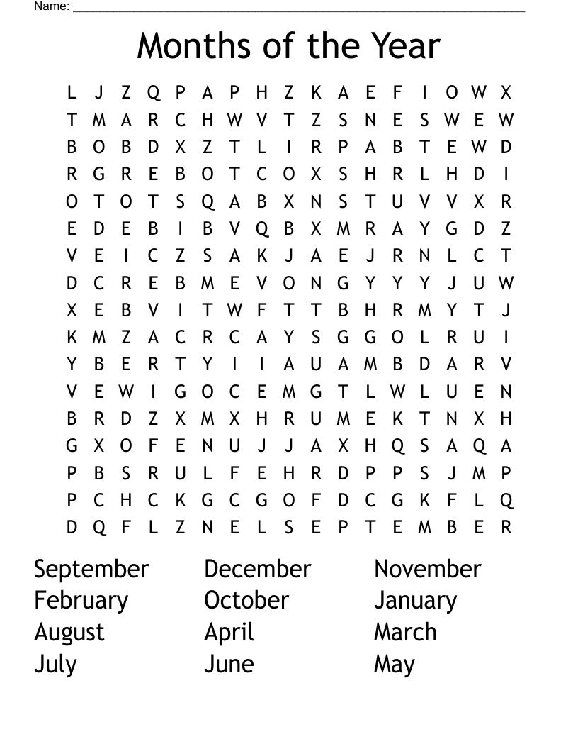Months of the Year Word Search