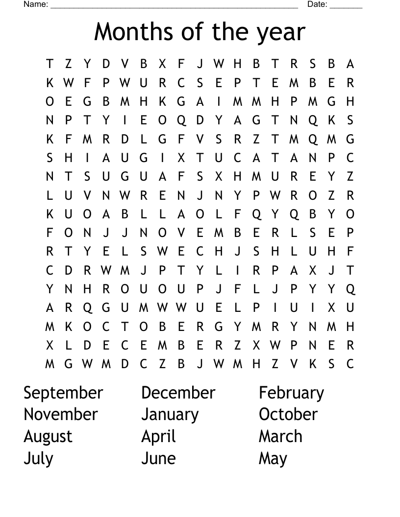 Months of the year Word Search