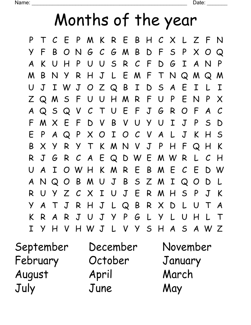 Months of the year Word Search