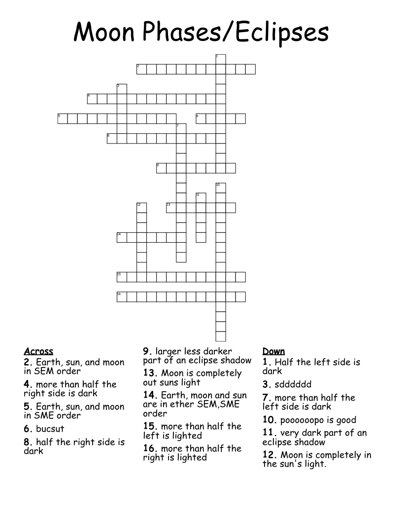 Moon Phases Eclipses Crossword WordMint