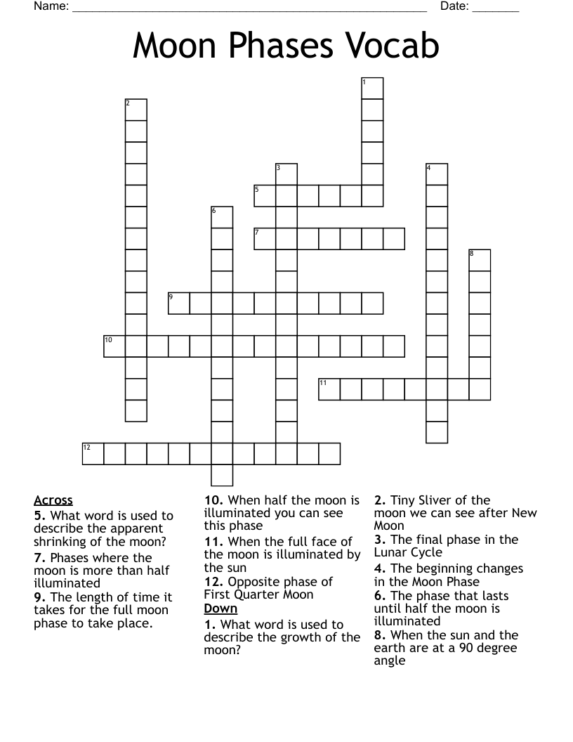 Moon Phases Vocab Crossword WordMint