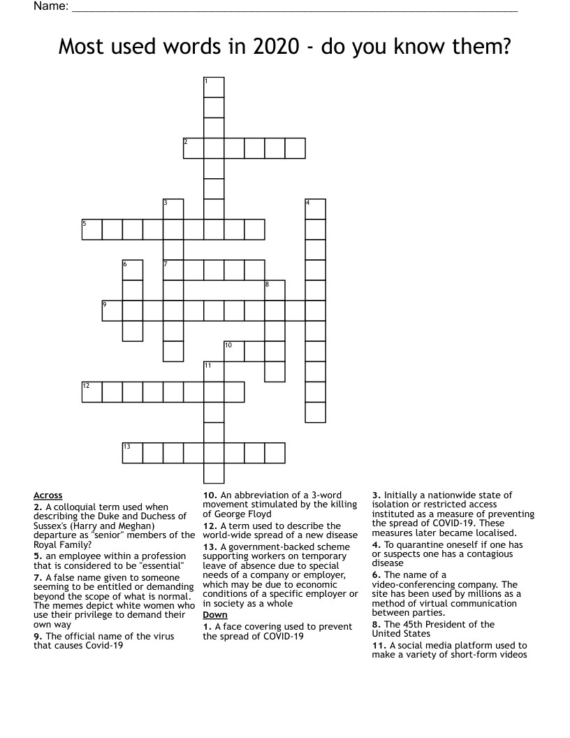 Most used words in 2020 - do you know them? Crossword