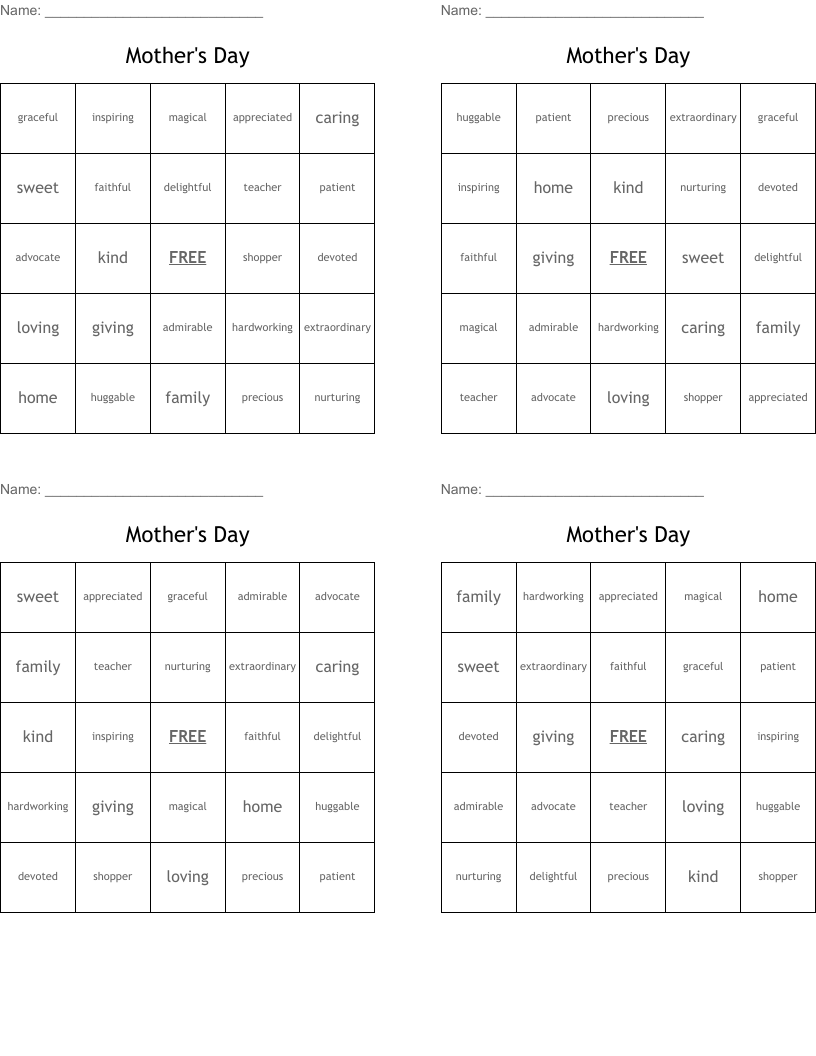 Mother's Day Bingo Cards