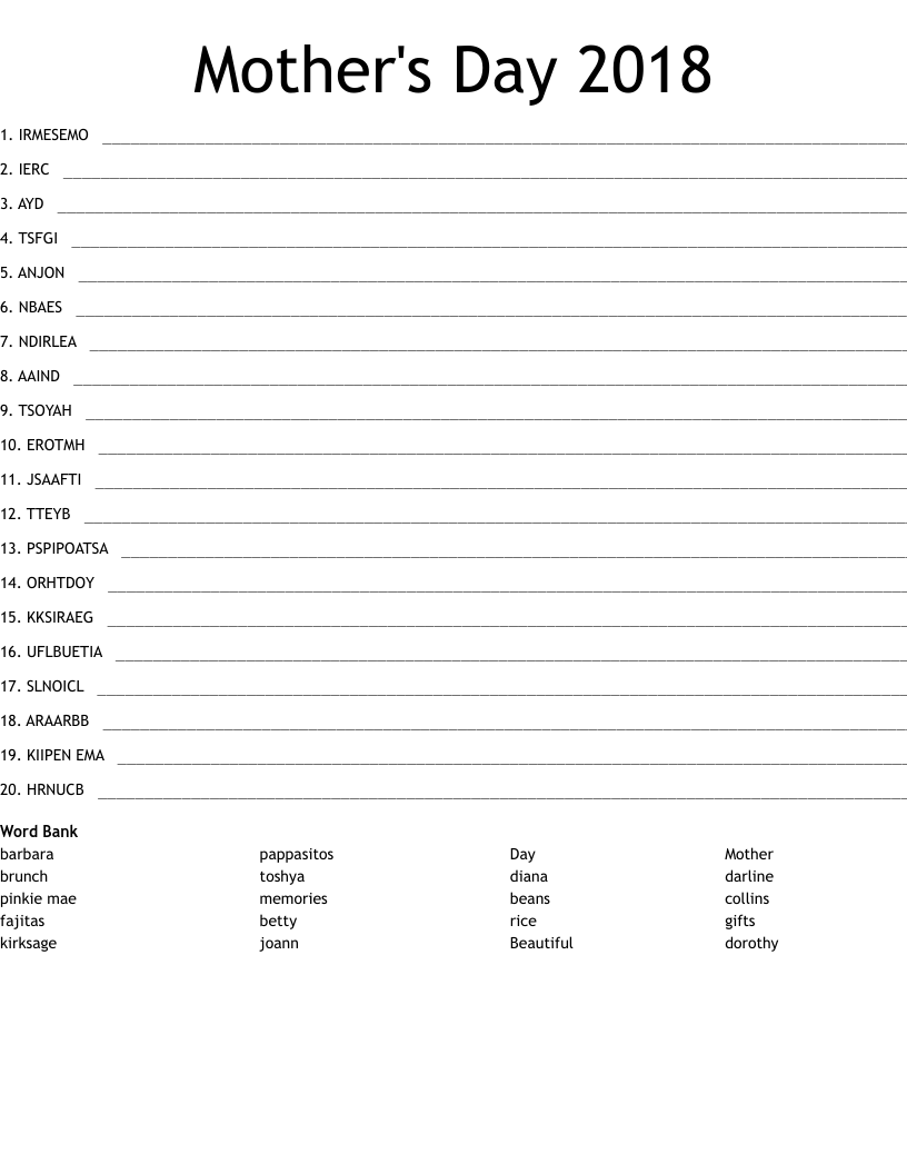 Mother's Day 2018 Word Scramble