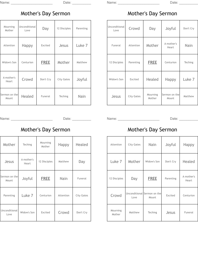 Mother's Day Sermon Bingo Cards