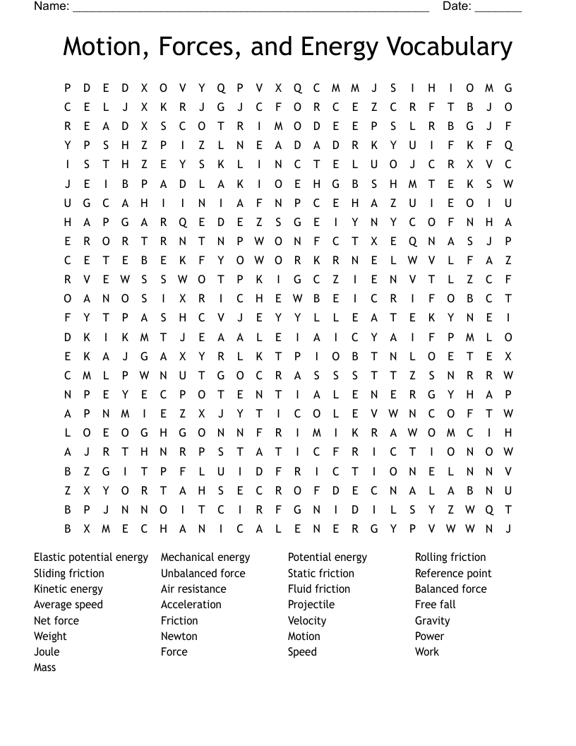 Motion, Forces, and Energy Vocabulary  Word Search