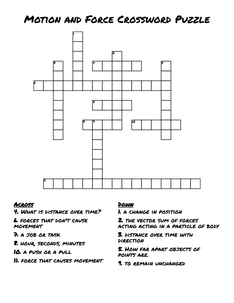 Motion And Force Crossword Puzzle WordMint