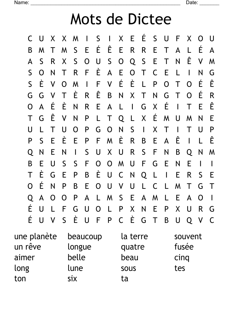 Mots de Dictee Word Search