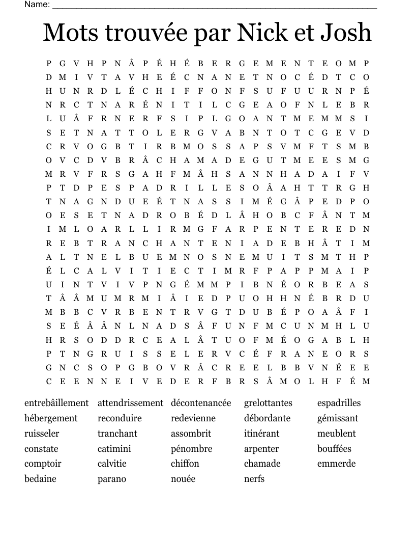 Mots trouvée par Nick et Josh Word Search
