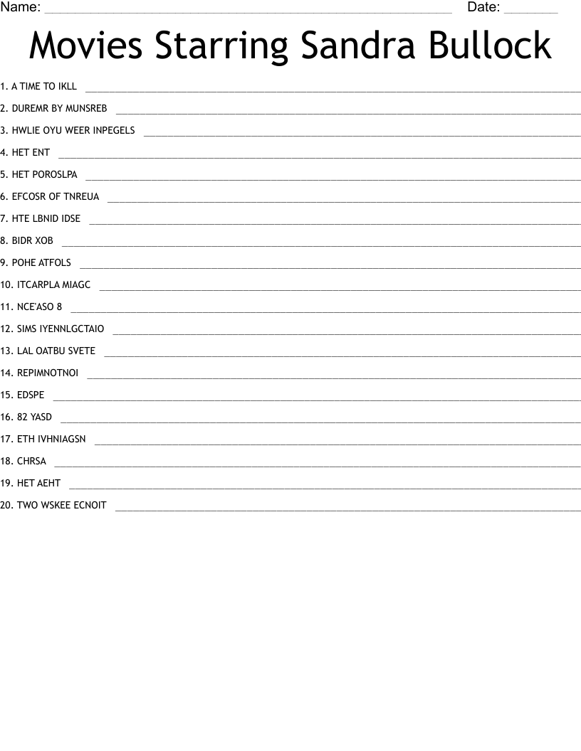 Movies Starring Sandra Bullock Word Scramble