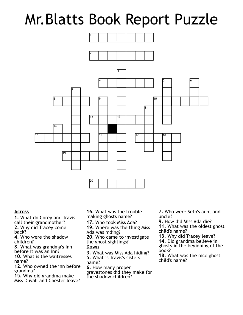 Mr.Blatts Book Report Puzzle Crossword