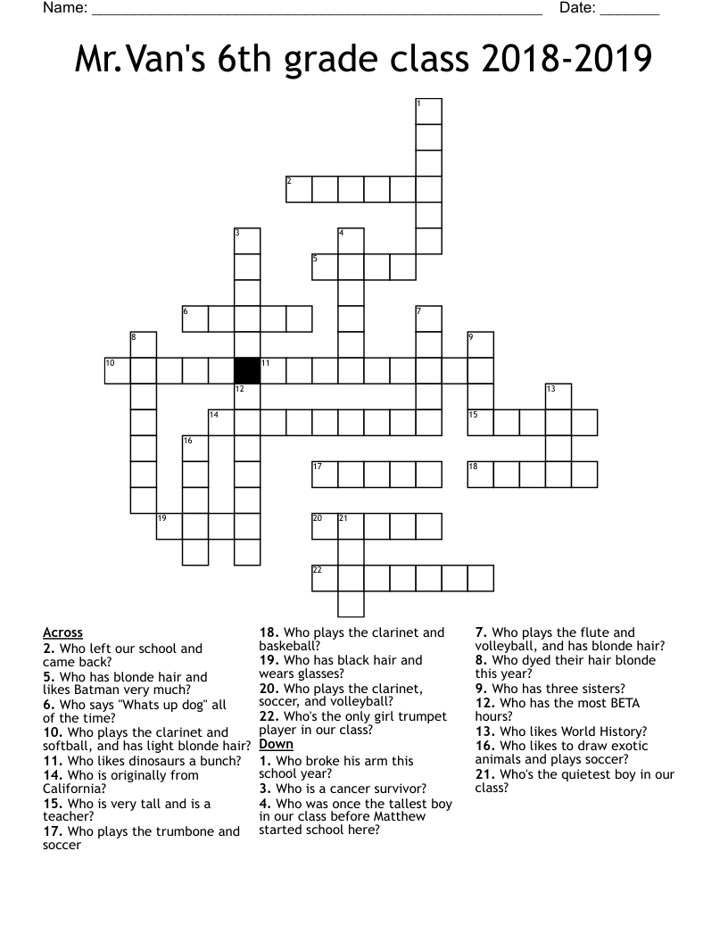 Mr.Van's 6th grade class 2018-2019 Crossword