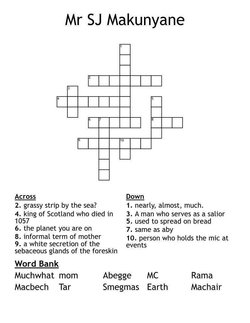 Mr SJ Makunyane Crossword