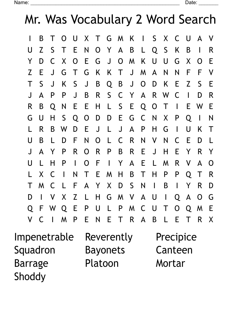 Mr. Was Vocabulary 2 Word Search