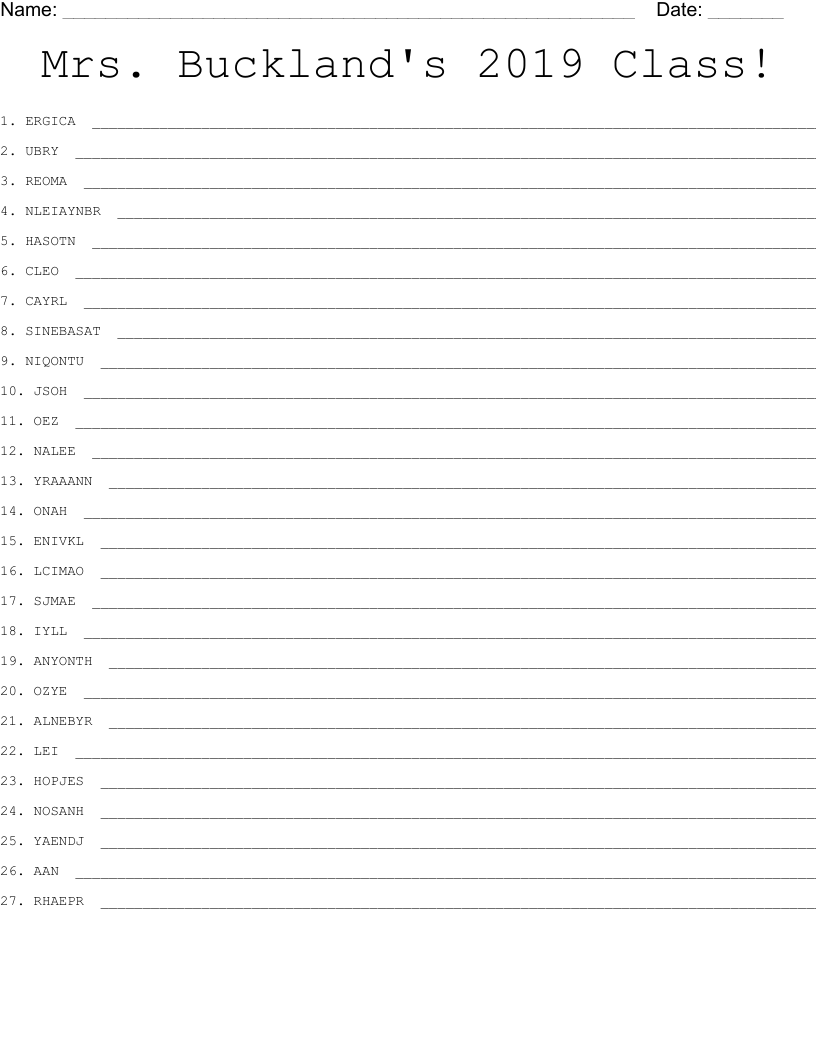 Mrs. Buckland's 2019 Class! Word Scramble
