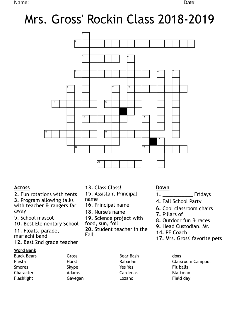 Mrs. Gross' Rockin Class 2018-2019 Crossword