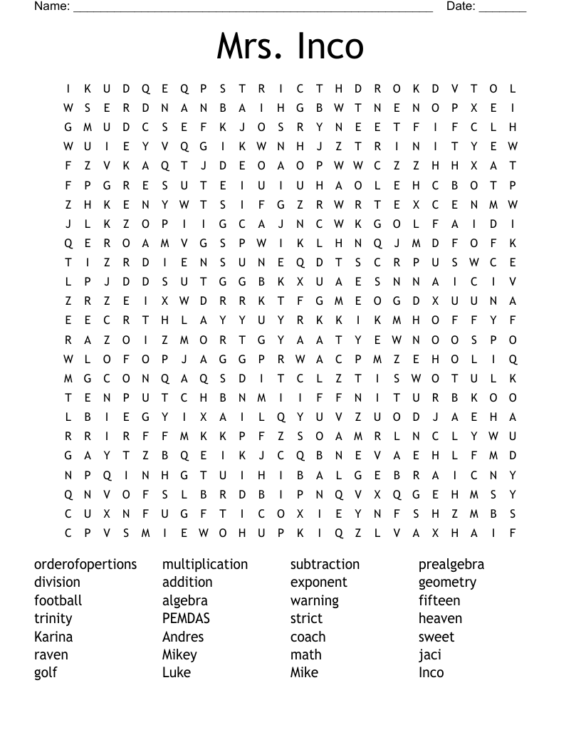 Mrs. Inco Word Search