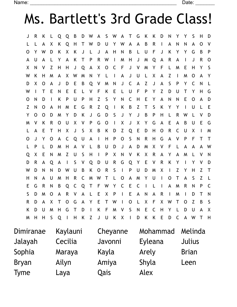 Ms. Bartlett's 3rd Grade Class! Word Search