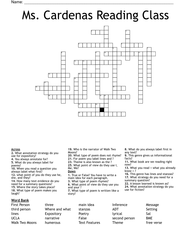 Ms. Cardenas Reading Class Crossword
