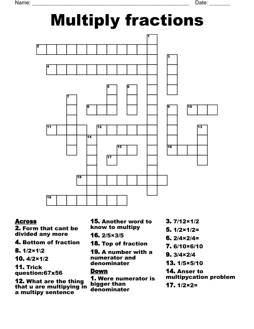 Multiply Fractions Crossword WordMint