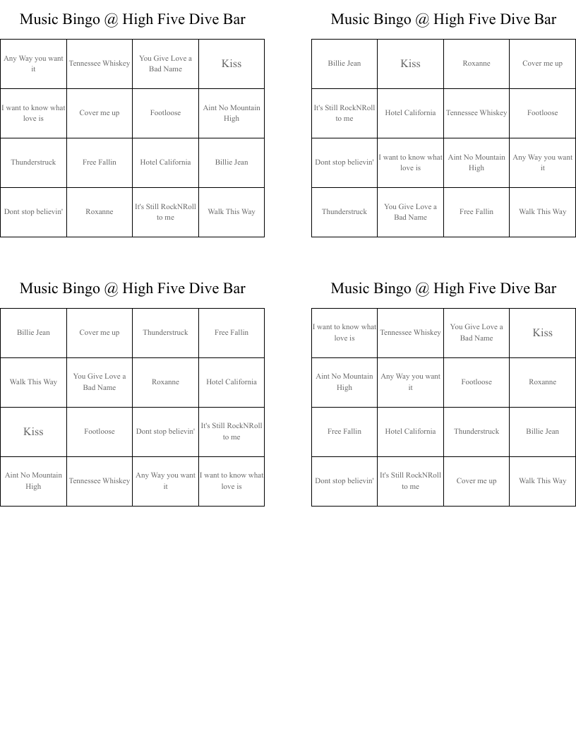 Music Bingo High Five Dive Bar WordMint