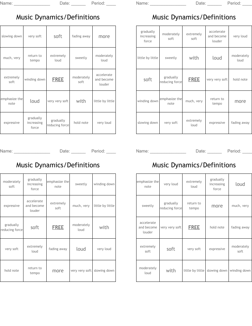 Music Dynamics/Definitions Bingo Cards WordMint