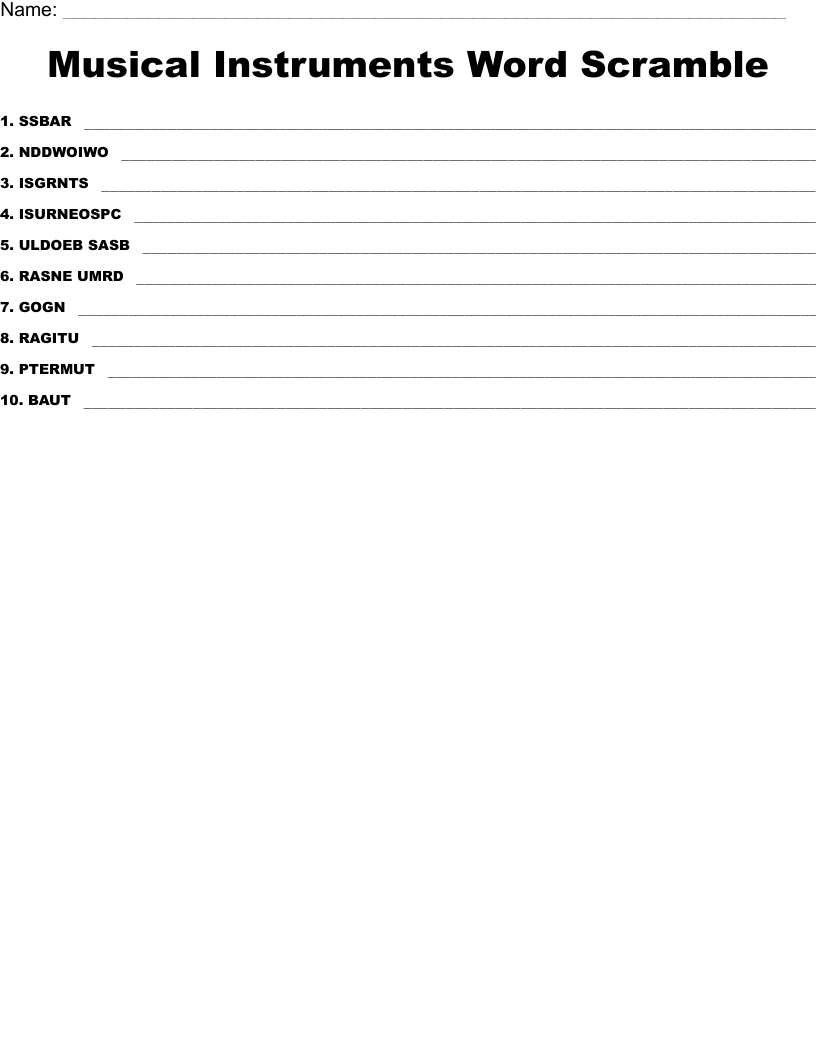 Musical Instruments Word Scramble 