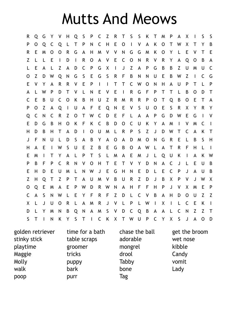Mutts And Meows Word Search