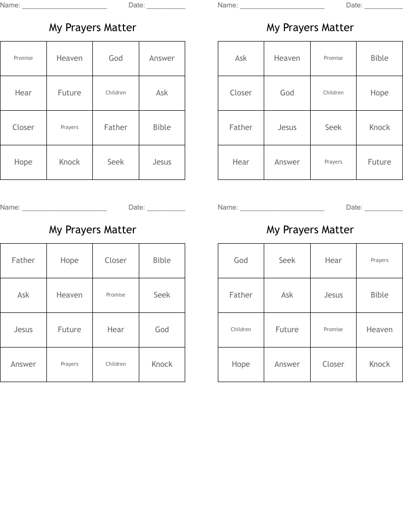My Prayers Matter Bingo Cards