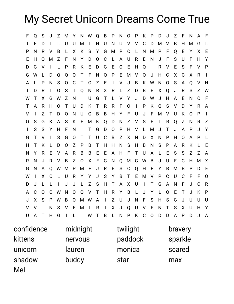 My Secret Unicorn Dreams Come True Word Search