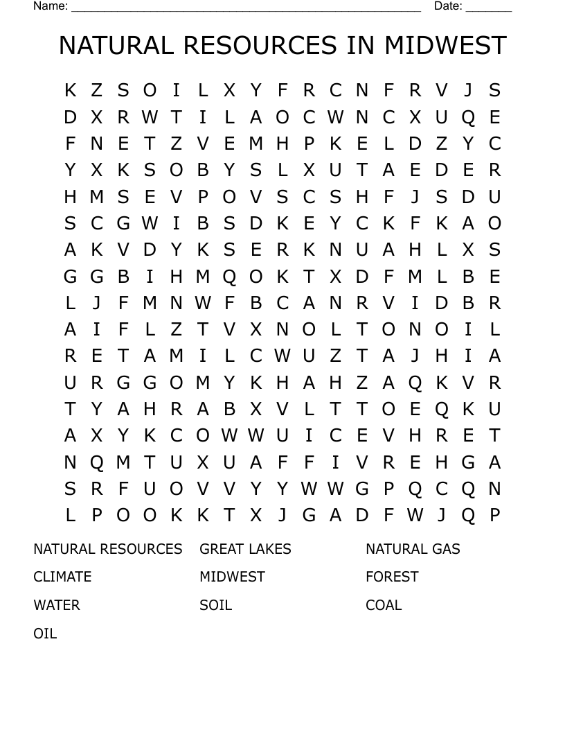 NATURAL RESOURCES IN MIDWEST Word Search