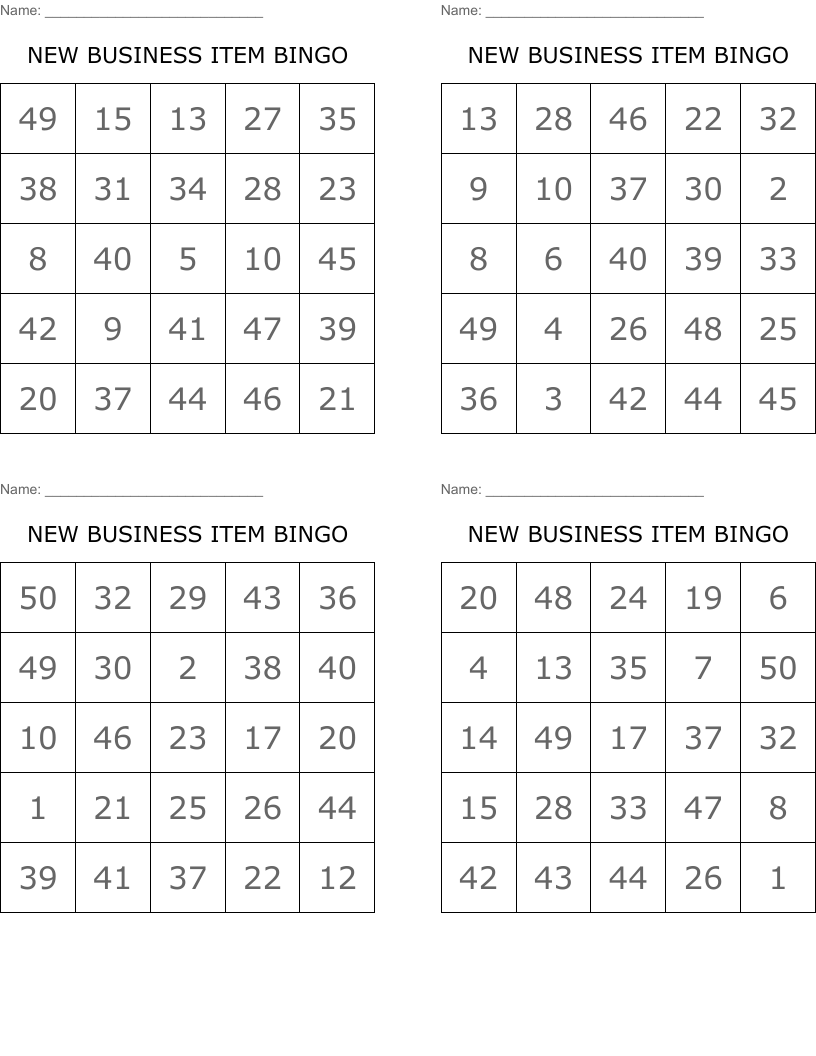 NEW BUSINESS ITEM BINGO