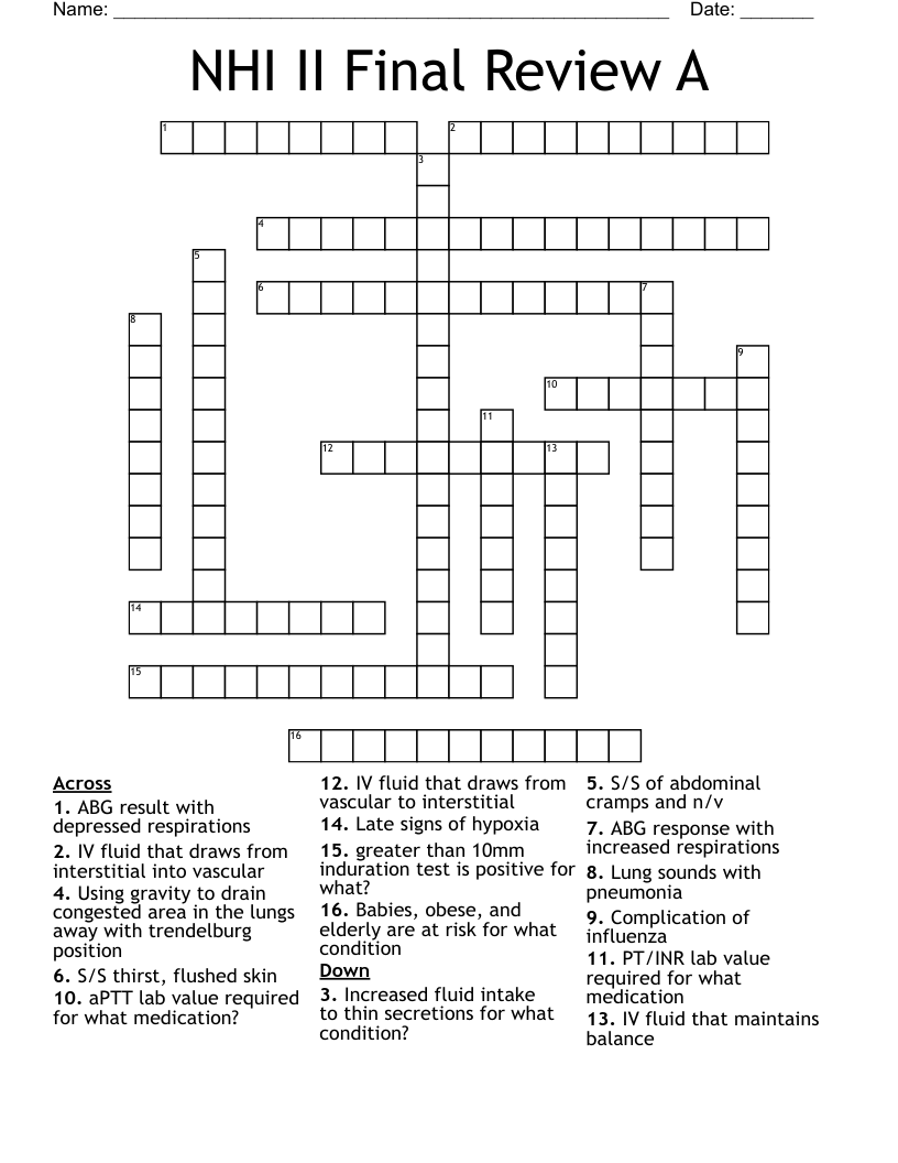 NHI II Final Review A Crossword